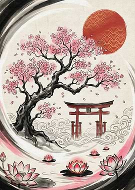 Japanese Cherry Blossom and Torii Gate