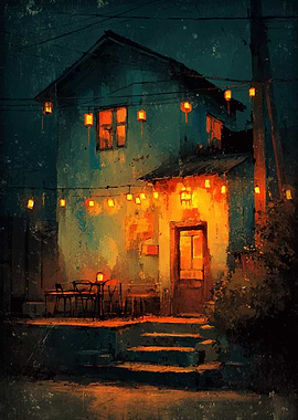 Nighttime House with Lanterns Painting