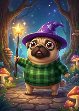 Pug Wizard in Enchanted Forest