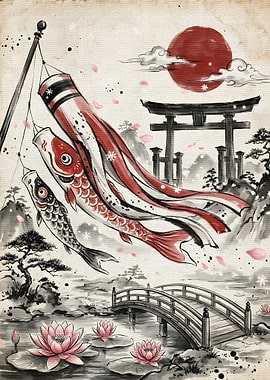 Japanese Koinobori Carp Streamers Ink Painting