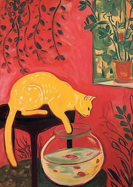 Cat and Goldfish Bowl Painting