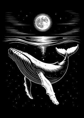 Mystical Whale Poster, Black and White Ocean Art Print, Full Moon Sea Wall Decor