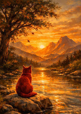 Cat Contemplating Golden Sunset by River