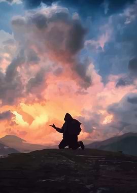 Silhouette Kneeling at Sunset