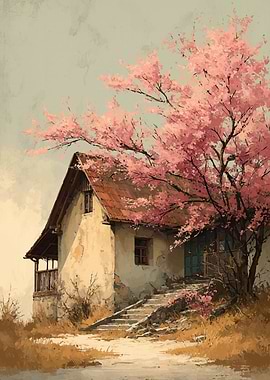 Rustic House with Cherry Blossom Tree