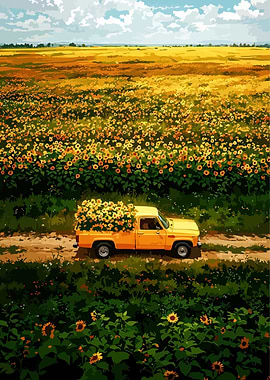 Sunflower Field with Yellow Truck