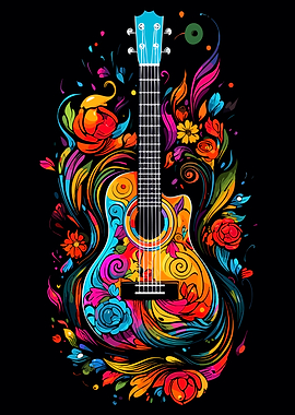 Colorful Floral Guitar on Black Background