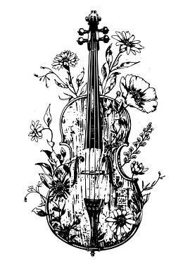 Violin and Flowers Black and White