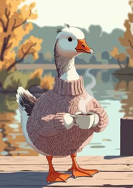 Goose in Sweater with Coffee
