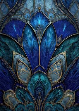Blue and Gold Abstract Floral Art Deco Pattern