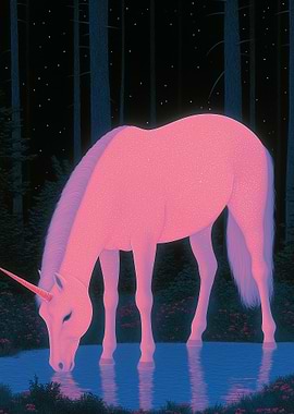 Pink Unicorn Drinking in Forest