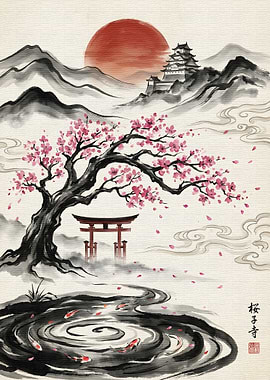 Japanese Landscape with Cherry Blossoms