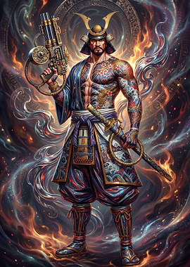 Cyberpunk Samurai Warrior with Steampunk Gun