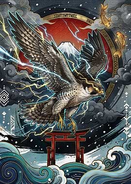 Japanese Falcon with Lightning and Waves