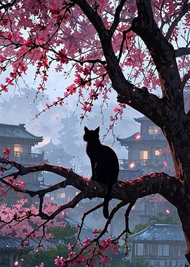 Black Cat in Japanese Cherry Blossoms
