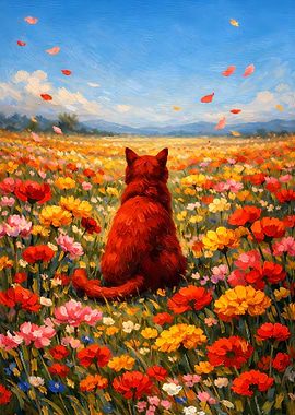 Red Cat in Flower Field Painting