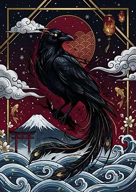 Raven and Mount Fuji Art
