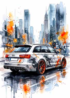 Audi RS6 Avant Watercolor Cityscape