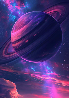 Ringed Planet with Nebula and Clouds