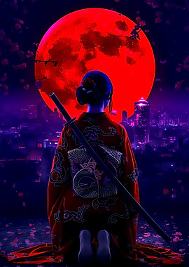 Samurai Girl Under Red Moon