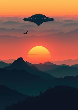 UFO over Mountain Sunset