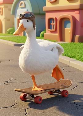 Duck on Skateboard with Aviator Hat