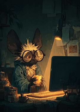 Anthropomorphic Bat at Computer with Coffee