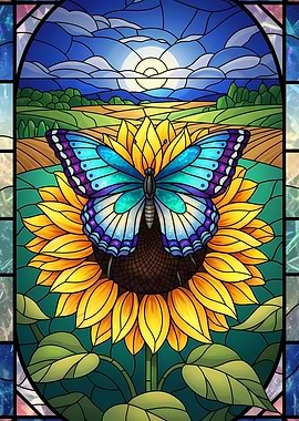 Stained Glass Butterfly on Sunflower