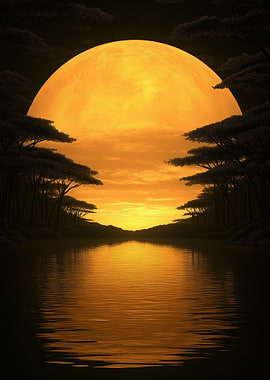 Golden Moon Over Tranquil Lake