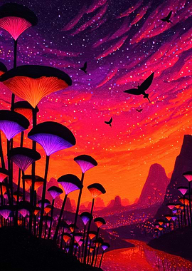 Glowing Mushroom Landscape at Sunset
