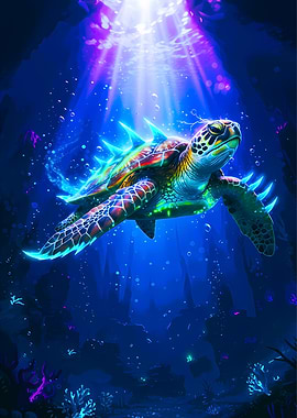 Glowing Sea Turtle Underwater
