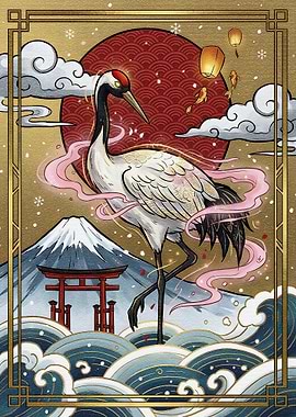 Japanese Crane with Mount Fuji