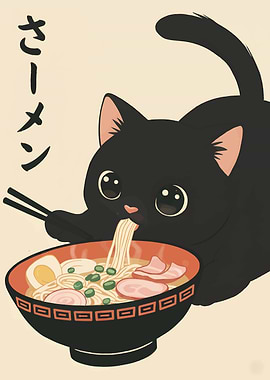 Black Cat Eating Ramen