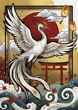 Japanese Crane with Torii Gate Art