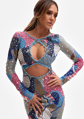 jessica alba in patterned cut-out dress