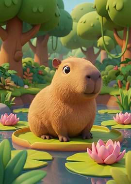 Cartoon Capybara on Lily Pad