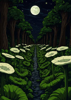 Moonlit Forest Stream with White Flowers