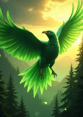 Emerald Bird Flying Over Forest