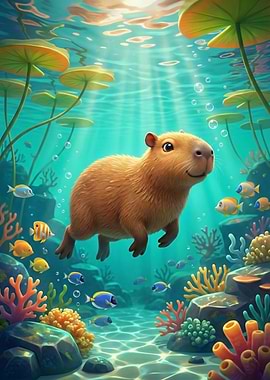 Capybara swimming underwater with fish