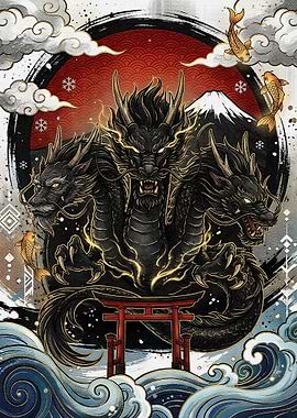 Three-Headed Dragon with Mount Fuji