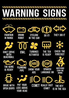 Funny Car Warning Lights Poster, Humorous Auto Symbols Chart, Mechanic Garage Wall Art