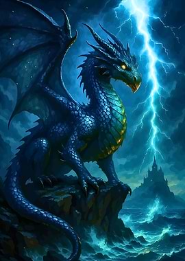 Blue Dragon on Cliff with Lightning