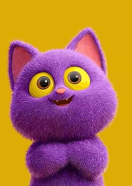Cute Purple Fluffy Cartoon Cat Portrait