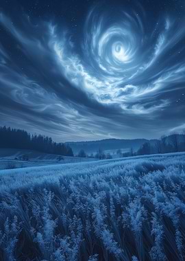 Blue Night Landscape with Swirling Sky