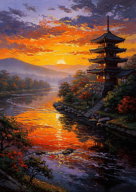 Japanese Pagoda at Sunset Painting