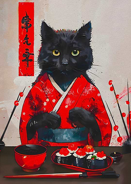 Cat in Kimono with Sushi