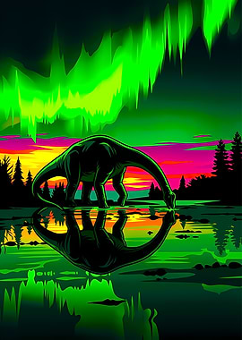 Dinosaur Drinking Under Aurora Borealis Reflection