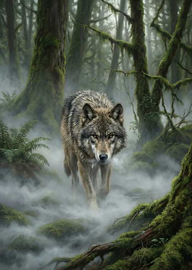 Wolf in Misty Forest
