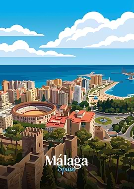 Malaga, Spain Cityscape Illustration