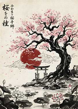 Japanese Cherry Blossom Landscape Painting